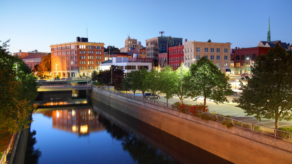 Bangor, Maine, street lined with trees and lit by streetlights